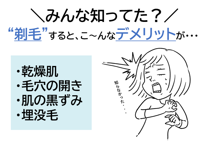 みんな知ってた？剃毛すると、こんなデメリットがあるって…。①乾燥肌、②毛穴の開き、③肌の黒ずみ、④埋没毛